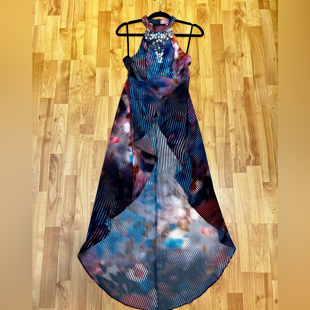 Bebe Jeweled Satin Top with sheer train Size Small